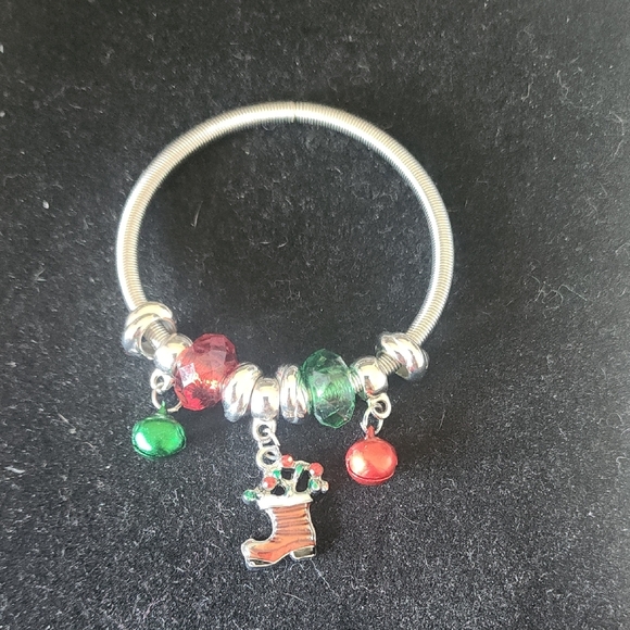 Jewelry - Festive Silver Tone Charm Bracelet with Red and Green Beads